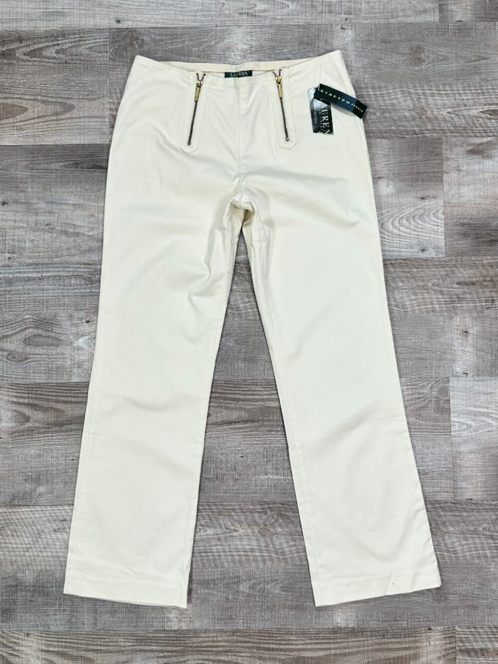 Lauren Ralph Lauren Zipper Accents Straight Leg Trouser Pants in Ivory Women 10